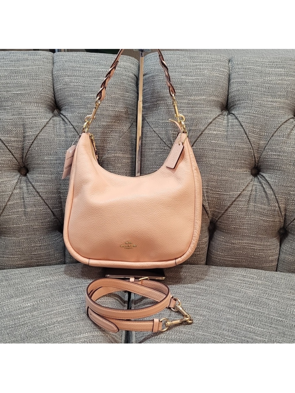 Coach Pebbled Leather Hobo in Light Pink with Gold Hardware